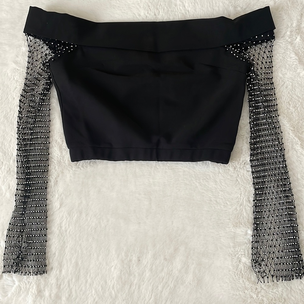 Akira Crop Top With Mesh Rhinestone Sleeves